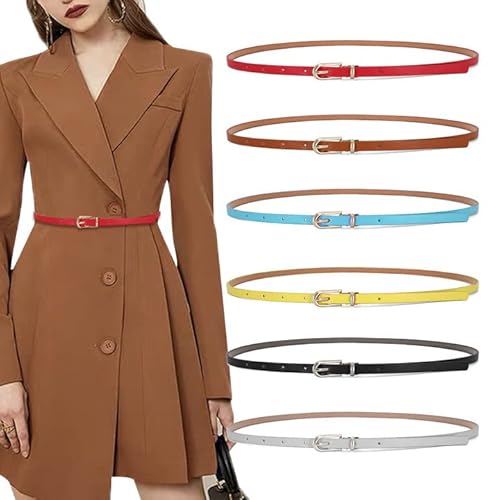 6 Pièces Cuir Ceinture Femme Fine PU Boucles en Alliage Ceintures Femme Ajustable Boucle Doré Ceinture Fine Noire Femme Simple et Élégant pour Jeans, Robes (6 Couleurs) Cover