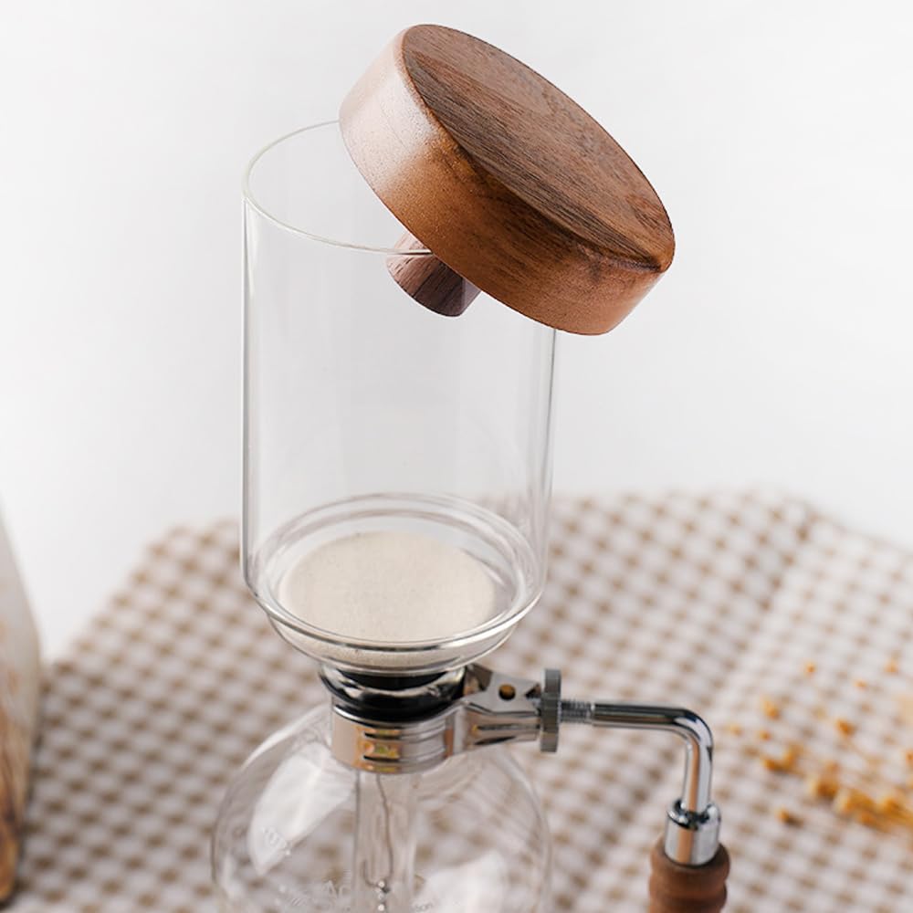 Glas-Siphon-Kaffeemaschine für 3 Tassen mit rustikalen Holzdetails