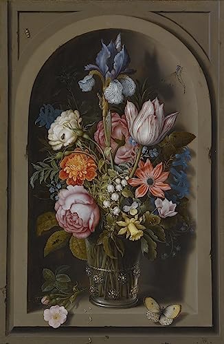 Cartel retro de flores en vaso de vidrio y nicho de mármol de 60x90cm