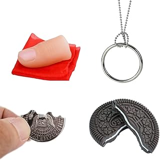 Magic Tricks Kit Including 4 Classic Tricks - Bite Coin, Bite Cookies, Disappearing Silk Fake Thumb Tip,Magic Ring Chains for Streets Magic Props Set and Close Up Magician Kit