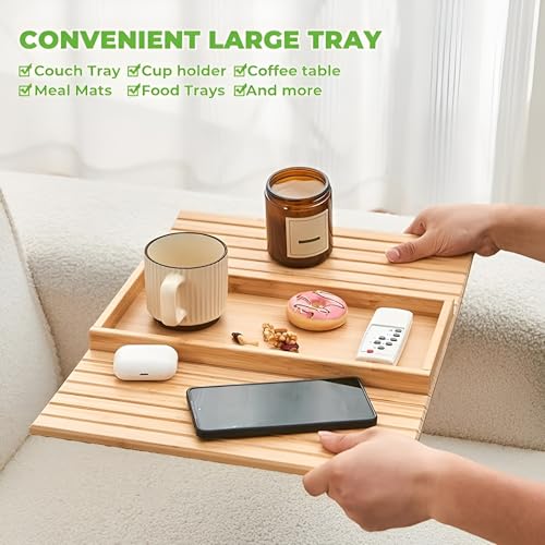 Image of MISHAVI Sofa Armrest Tray - Flexible Wooden Sofa Arm Tray & Integrated Cup Holder - Large Couch Side Arm Wooden Cover for Snacks & Drinks - Fits Round & Square Armrests - Premium Sofa Accessories