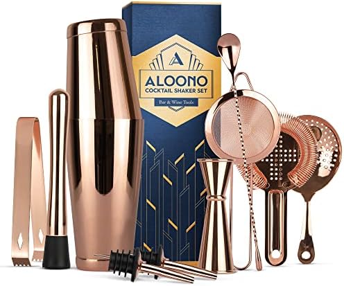 11-Piece Copper Boston Cocktail Shaker Set Bartender Kit | Drink Mixer Bar Set | Cocktail Set Bar Accessories: Martini Shaker, Strainer, Jigger, Muddler, Spoon, & More