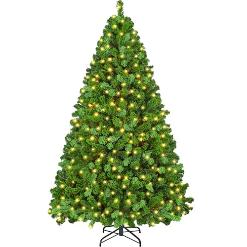 Yaheetech 6ft Pre-lit Artificial Christmas Tree with Incandescent Warm White Lights, Flocked Full Prelighted Xmas Tree with 820 Branch Tips, 250 Incandescent Lights & Foldable Stand, Pure Green