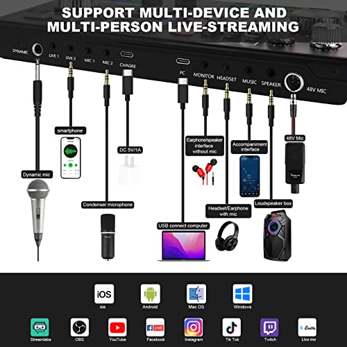 Podcast Equipment Bundle Aluminum Shell With 48V Condenser Microphone 25Mm Diaphragm Studio Sound Dj Mixer All-In-One Audio Interface For Pc/Phone/Tablet, Live-Streaming/Podcasting/Recording, Black #TOP5
