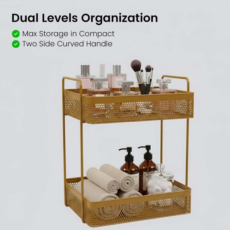 Image of Go Hooked Metal Standing Rack 2-Tier Countertop Organizer | Spices Organizer | Bathroom Essentials | Vanity Storage | Decorative Use | Cosmetic Makeup Storage (Golden)