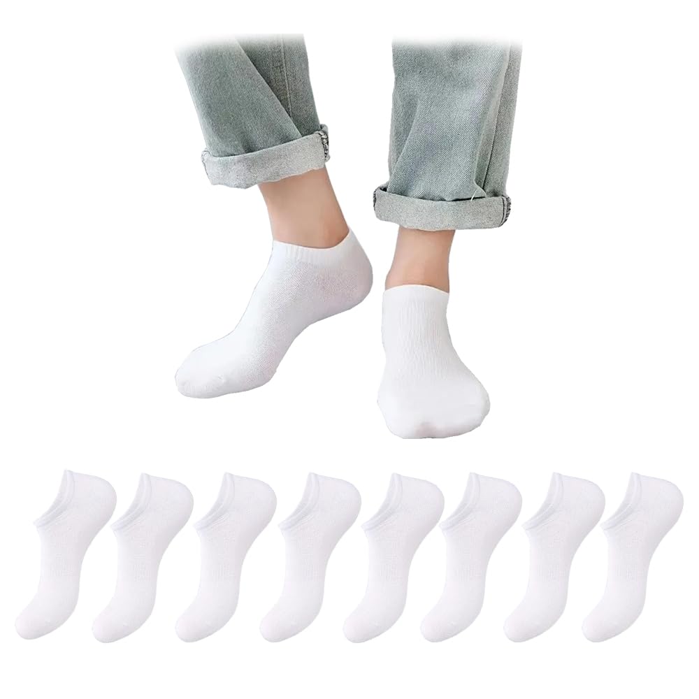 8 Pairs Men Low Socks Breathable Sweat Absorbing Solid Color Unisex Ankle Sports Socks - White, One Size