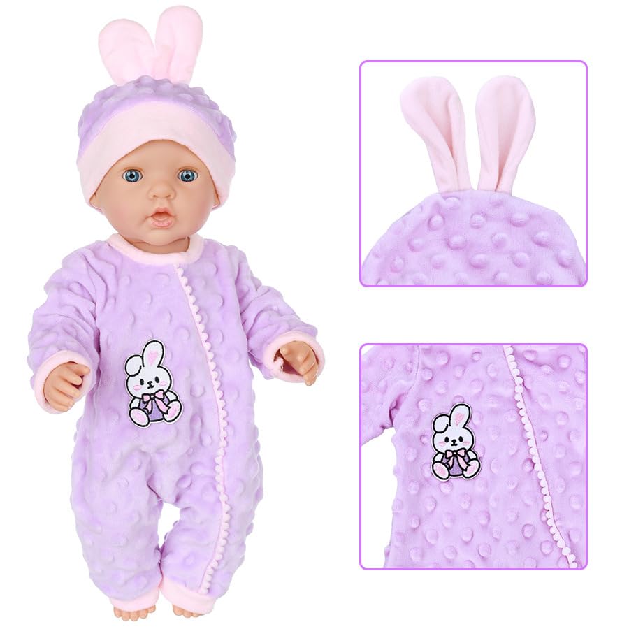 DUORUIMI Winter Doll Clothes Plush Pajamas Bodysuit for American Girl Doll 16/18 inch with Hat, Purple, 16-18 inch - Image 4