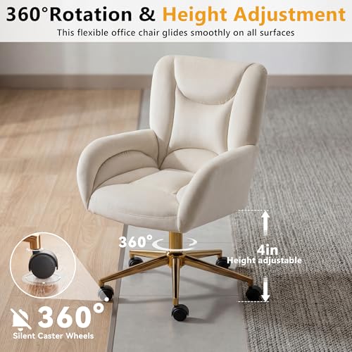 Image of FOXHUNTER Vanity Chair with Ergonomic Back & Wheels, 360 Swivel Accent Chair, Adjustable Height Home Office Chair for Living Room, Bedroom (Velvet, Ivory)