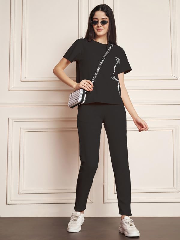 Image of DTR FASHION Polyester Blend Cat Sketch Print Tracksuit | Night Wear Suit For Women