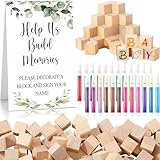 Dinifee 125 Pcs Baby Shower Decorate a Block Game Set Includes Help Us Build Memories Sign 100 DIY Blank Wooden Block 24 Paint Marker Prize for Wedding Baby Shower Game(Leaves)