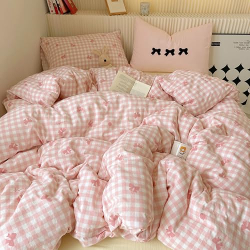 Nyescasa Housse de Couette 140x200 Rose à Carreaux Vichy Motif Nœud Papillon Moderne Parure de lit Adulte 1 Personne en Microfibre Housse Couette avec...