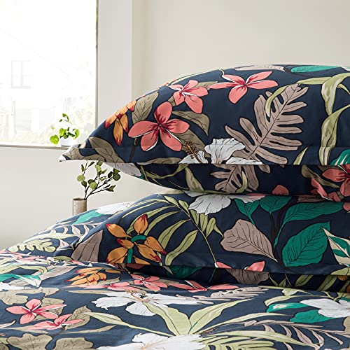 Eikei Midnight Blue Botanical Print Duvet Quilt Cover Egyptian Cotton Bedding Set Modern Luxury Minimal Palm Leaf Dark Navy Taupe Floral Watercolor Design (Midnight Teal, Super King) #TOP3