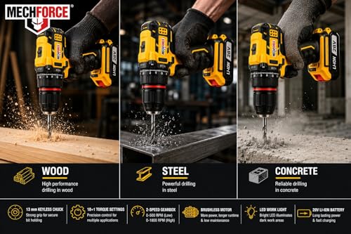 Image of MECHFORCE 13mm Cordless Drill Machine Model-MFR1320 Brushless Motor 28V Li-ion Batteries 18 +1 Torque 80nm torque with Accessories Kit works on wood, steel and concrete 12 month warrranty
