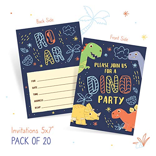 Dinosaur Birthday Invitations With Green Envelopes Pack Of 20 | Kids Roar Bday Party Invites For Boys 5" X 7" Card, Colorful Dino Design #TOP1