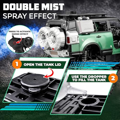 Image of Wembley Remote Control Car for Kids 4-12 Years, 1:18 RC Monster Truck 2WD with Dual Spray Smoke, LED Lights, 2.4GHz Long Range Remote Car, Alloy Body Off Road Toy Car, Rechargeable Type C SUV (Green)
