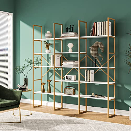 Saudism Gold Bookshelf Geometric Bookcase, 71" Tall Gold Shelves 5 Tiers Etagere Book Case, Sturdy Iron Frame, Freestanding Display Shelving Unit For Home, Office, Library, White And Gold #TOP29