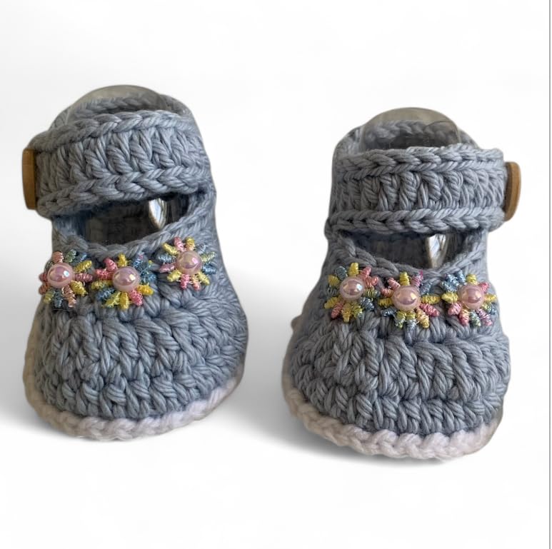 Handmade Baby Girl Mary Jane Booties, Crochet Cotton, Gray with Floral Detail2