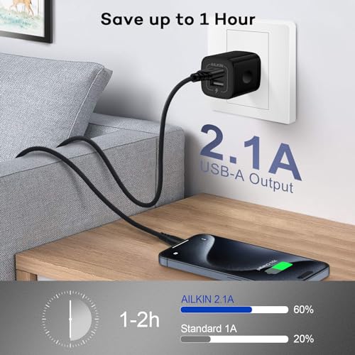 Image of USB Wall Charger, AILKIN 2.1A Dual Port Portable USB Plug Charger Adapter | USBA Charging Box for Apple Android iPhone Samsung Block Outlet Brick