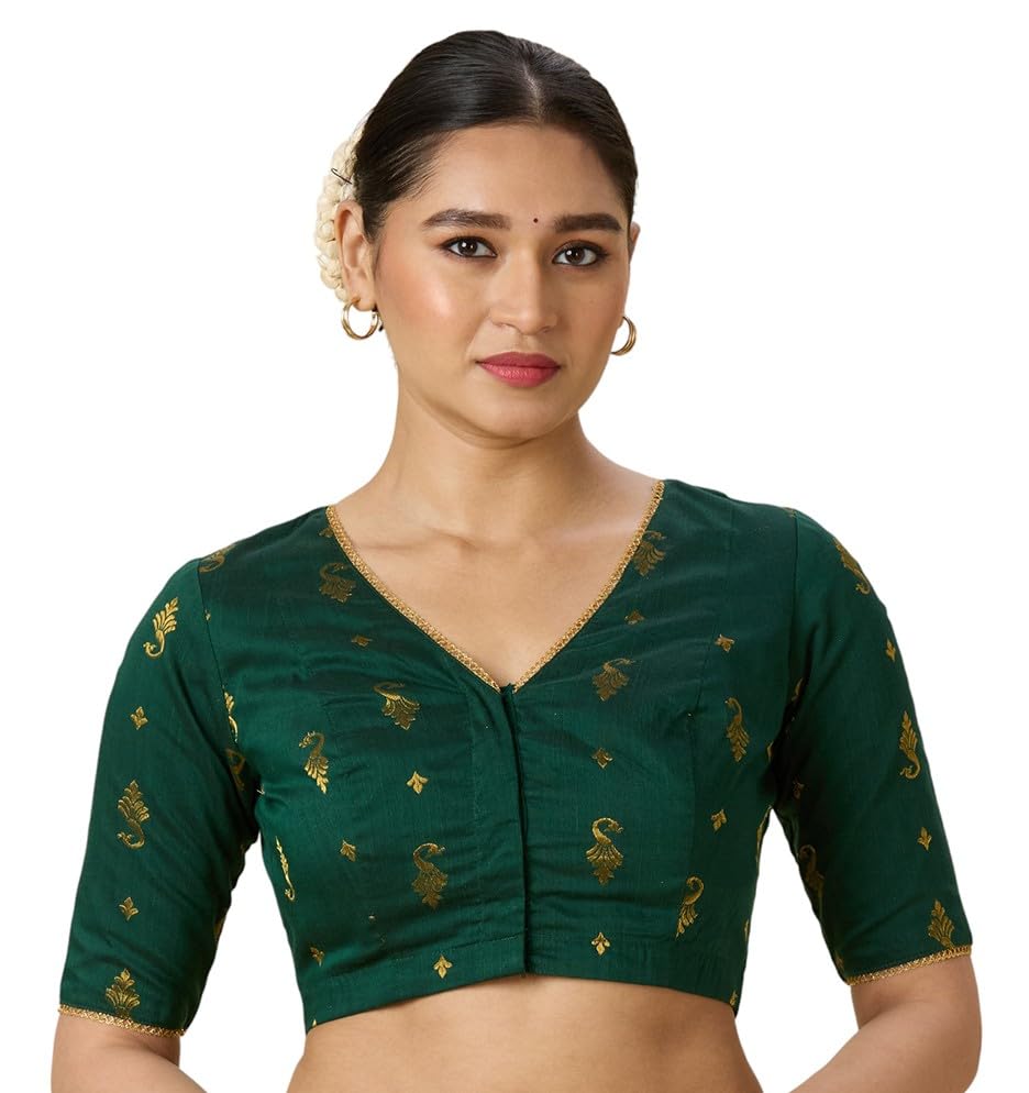 Studio Shringaar Women's Handloom Cotton Silk Readymade Saree Blouse with Peacock Motif