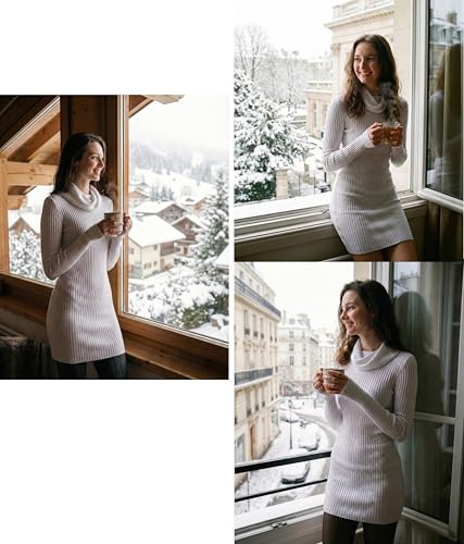 Image of v28 Sweater Dress for Women Ribbed Knit Fitted midi Sexy Fall Winter Bodycon Cowl Neck Dresses
