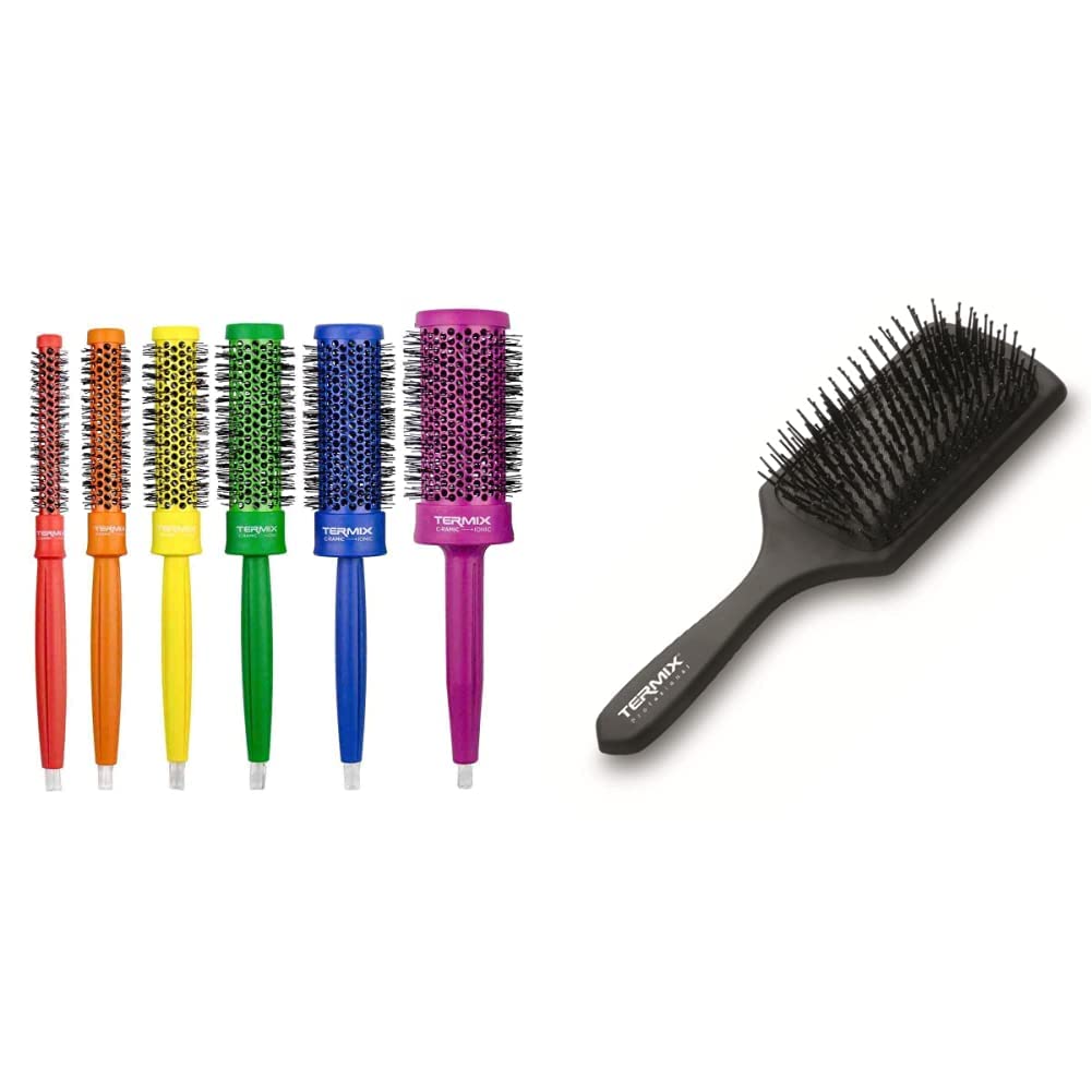 Termix C·Ramic Pride. Confezione da 6 Spazzole Termiche Rotonde in Ceramica con Fibre Ionizzate & Racchetta Spazzola per districare i capelli con fibra di nylon resistente