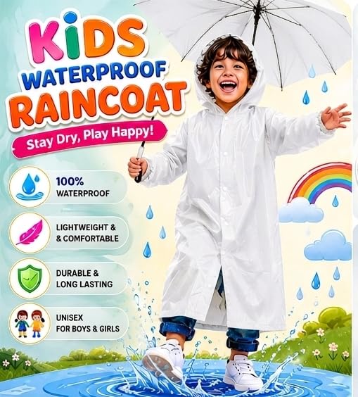 Image of Kids Waterproof & Lightweight EVA Raincoat with Hooded Full Body Rain Protection for Boys and Girls Reusable Rain Wear Pack of 1