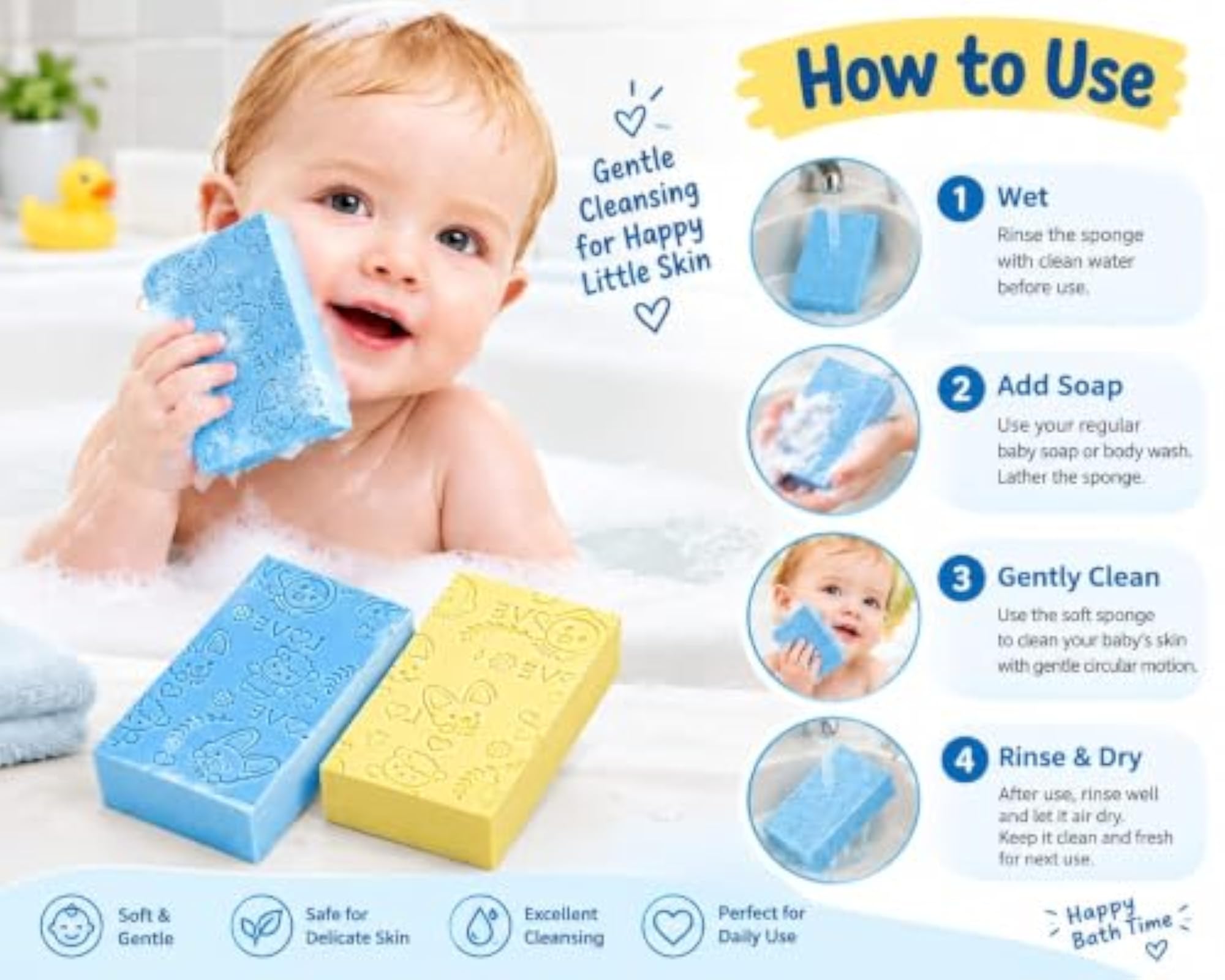 Kids Bath Sponge with Cartoon Embossed Design, Pack of 2