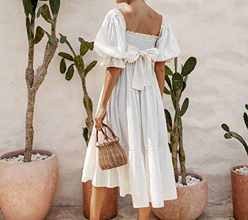 RVivimos-Womens-Summer-Cotton-Plaid-Puff-Sleeves-Bow-Casual-Off-Shoulder-Boho-Midi-Dress
