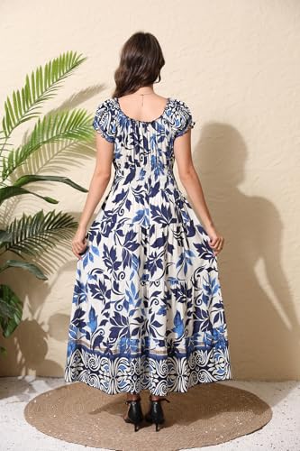 Image of OSTOO Women's Floral Maxi Dress Boho Summer Short Sleeve Smocked Waist Tiered Long Dress