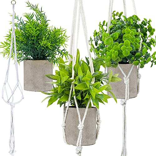 Hanging Fake Plants 3 Pack Artificial Plants With 3 Macrame Plant Hangers, Mini Fake Potted Plants Faux Hanging Houseplants Eucalyptus Rosemary Greenery Decor For Home Bathroom Kitchen Office Shelf #TOP3