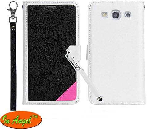 In Angel Galaxy S3 I9300 Case Pretty Delicate Fashion Laxury Silk Feeling Case for Lady with Phone Strap Folio Wallet with Credit Card Slot Holder Simple Black Cover (White Balck)