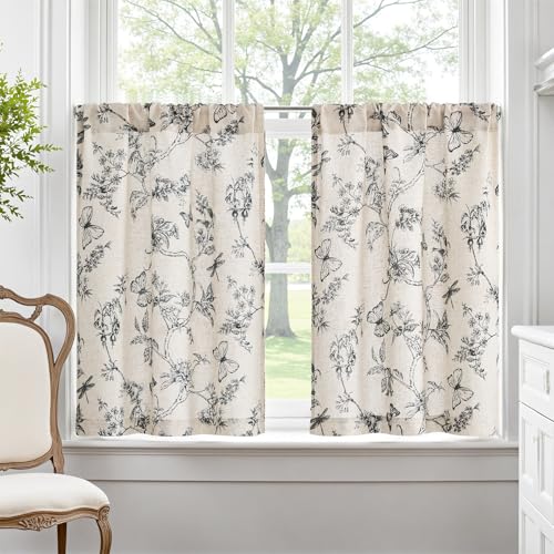 jinchan Floral Kitchen Curtains for Windows 36 Inch Farmhouse Country Linen Tier Curtains Botanic Small Window Drapes for Living Room Bathroom Laundry RV Rod Pocket Rustic 2 Panels Black on Beige