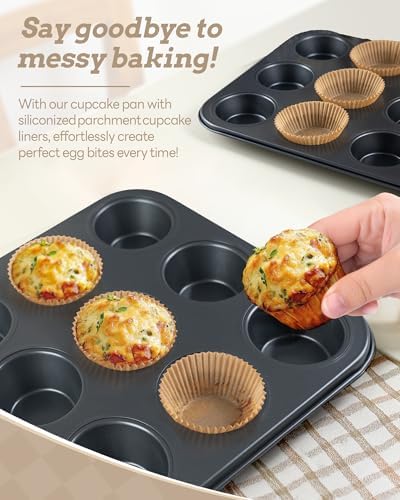 2 Pack Muffin Pan for Baking, Standard Cupcake Pan includes 100 Natural Cupcake Liners, Muffin Tin Nonstick 12 Cup, Baking Pans Set, Carbon Steel Baking Supplies - Thumbnail 3
