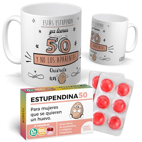 mundohuevo Pack Regalo 50 Cumpleaños Mujer: Taza Divertida “Estás Estupenda y No los Aparentas” + Caramelos de Broma Estupendina 50 | Detalle Original y Gracioso para Cumpleaños