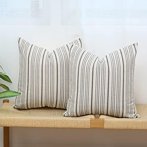 Kiuree Grey and Cream Farmhouse Throw Pillow Covers 18 x 18, Modern Accent Square Decorative Pillow Case, Set of 2 Stripes Textured Linen Throw Pillow Case for Sofa Couch Chair Bedroom(Grey)