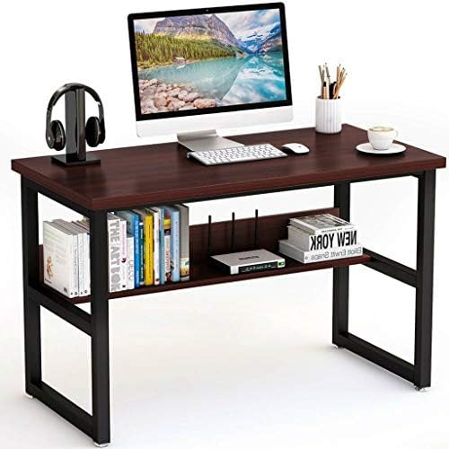 ASfairy Computer Desk with Storage Shelves - 55'' Student Study Table with Bookshelf Modern Wood Desk with Steel Frame for Small Spaces Home Office Workstation, Red Cherry