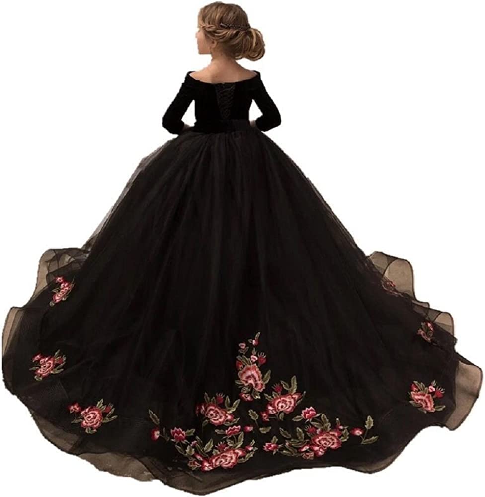 Vestidos Negros de niña de Las Flores para la Boda Vestido de Fiesta Infantil con Apliques de Tren para niñas