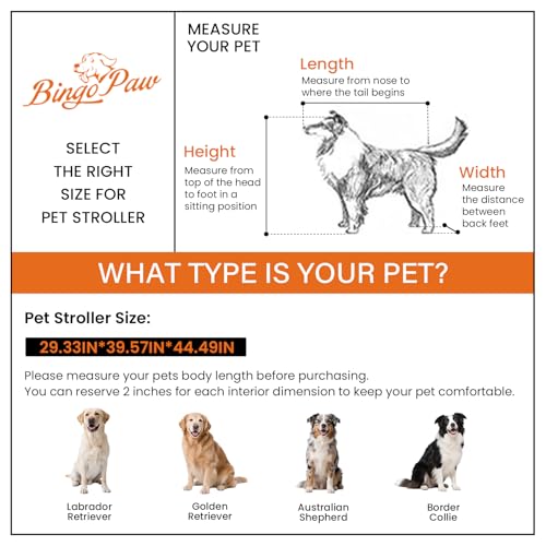 BingoPaw Schwerlast Hundewagen große Hunde: klappbar Hundebuggy bis 42kg, Hundekinderwagen mit 4 Rädern, 3 Netzfenstern, Verstellbarer Griff