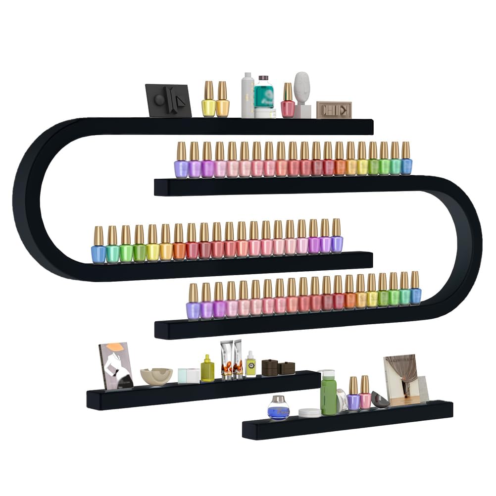 Expositor Esmaltes Uñas para Montar en La Pared, Ahorra Espacio en Forma de S, Organizador para Esmaltes, Perfumes y Aceites, Ideal para Salones Uñas Spas o Tocadores,Negro,2P