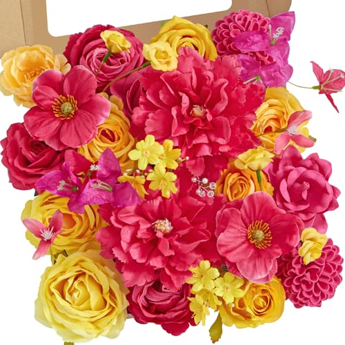 Alecono Artificial Flowers Hot Pink and Yellow Silk Floral for Home Decor
