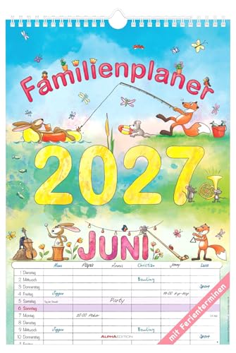 Familienplaner Cartoon 2027: Familienkalender 23 7x34 cm mit 6 Spalten Ferienübersicht deutschem Kalendarium & Cartoon Illustrationen ideal für Familienorganisation