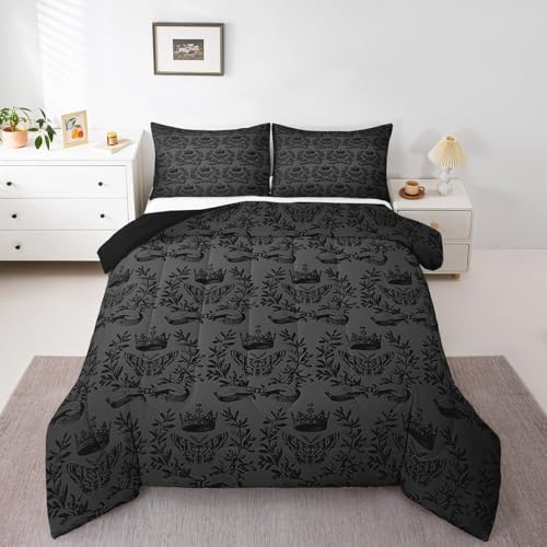 Image of Feelyou Kids Moth Skull Set Toddler Size, Vintage Demask Bedding Set Black Demask for Kids Boys Girls Floral Duvet Insert Room Decor with 1 Pillow Case