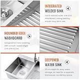 Large Laundry Sink With Drain Accessories, Stainless Steel Laundry Pool With Washboard, Double Bowl Laundry Tub, Basement Utility Sink, Wash Basin For Home, Workstation(A,60x48x22cm)