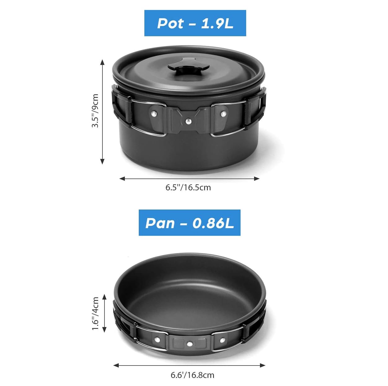 Set di pentole da campeggio, in lega di alluminio, leggero, con pentole e padelle in acciaio inox, piatti, forchette, coltelli, cucchiai, per 2-3 persone