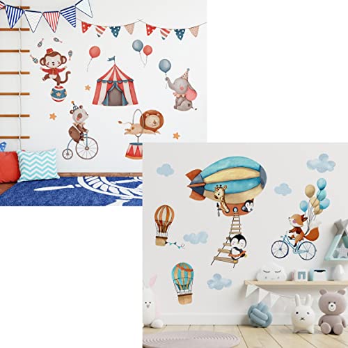 Mfault Baby Hot Air Balloon Animals Wall Decals Stickers, Cartoon Elephant Lion Bear Monkey Nursery Decorations Boy Girl Bedroom Playroom Art, Neutral Toddlers Kids Room Decor Gifts #TOP17
