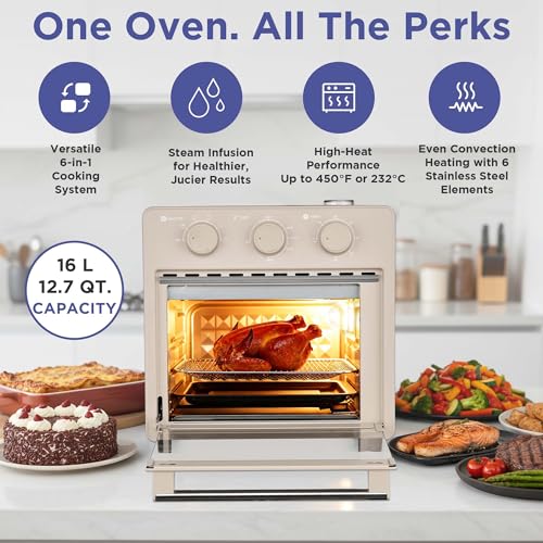 Image of Magnavox Home, 16.5 qt Air Fryer Oven, With Steam Infusion, Cream, Convection Countertop Oven, 6 Cooking Functions, 200-450F Temperature Control, Interior Light, Fry Basket & Baking Tray Included