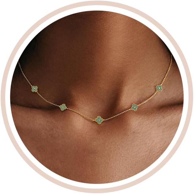 Birthstone Gold Clover Necklace for Women Non Tarnish Dainty 14K Gold Plated Cubic Zirconia Choker Necklace Stack Pendant Layered Necklaces for Women Trendy Birthday Jewelry