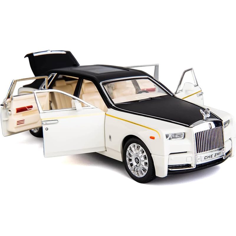 Image of Kids Model 1:24 Rolls-Royce Phantom Die Cast Metal Car Pull Back Action Opening Doors with Realistic Engine Sound Lights Toy Car Gift for Boys - White