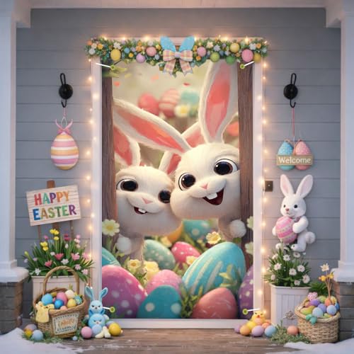 Image of Easter Door Cover 35.43 x 70.87 Inch Two Cute Bunnies Peeking from Wooden Frame with Colorful Eggs Spring Flowers and Soft Lighting Ideal for Holiday Door Decoration and Seasonal Display