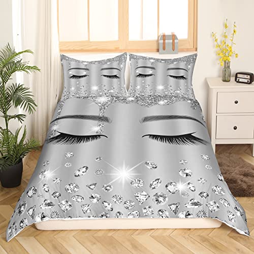 Eyelash Comforter Cover Full For Girls,Grey Giltter Sequins Bedding Set 3D Diamond Decor Luxurious Duvet Cover Silver Princess Style Bedspread Cover For Kids Teens Women Bedroom Decor,3 Piece #TOP13